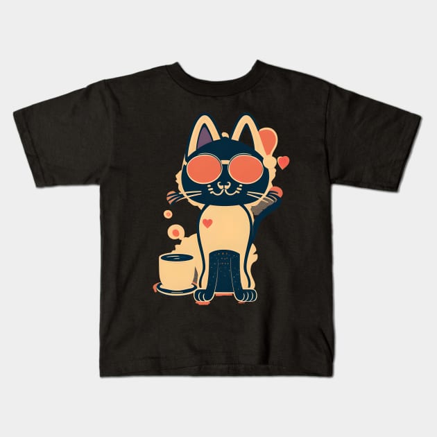 Cat Wearing Sunglasses Loves Coffee Kids T-Shirt by SavantArts